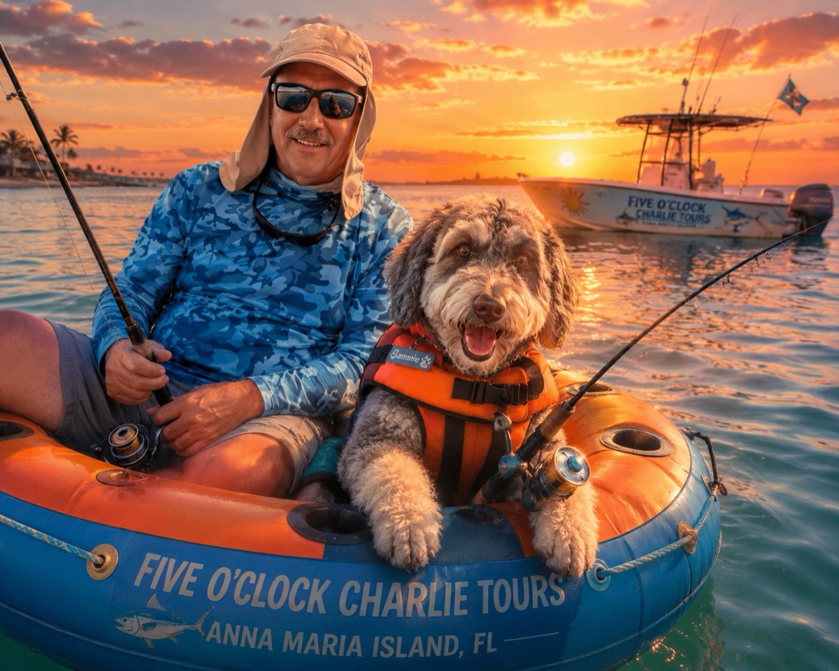 Captain John and Sammy aboard Five O'Clock Charlie Tours at sunset